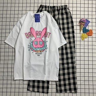 Sét Bộ Hoạt Hình Áo Thỏ Hồng Habit + Quần Caro Ống Rộng Dễ Thương , Thun Coton , Đồ Bộ 3D Cartoon Siêu Đẹp TSLB0072