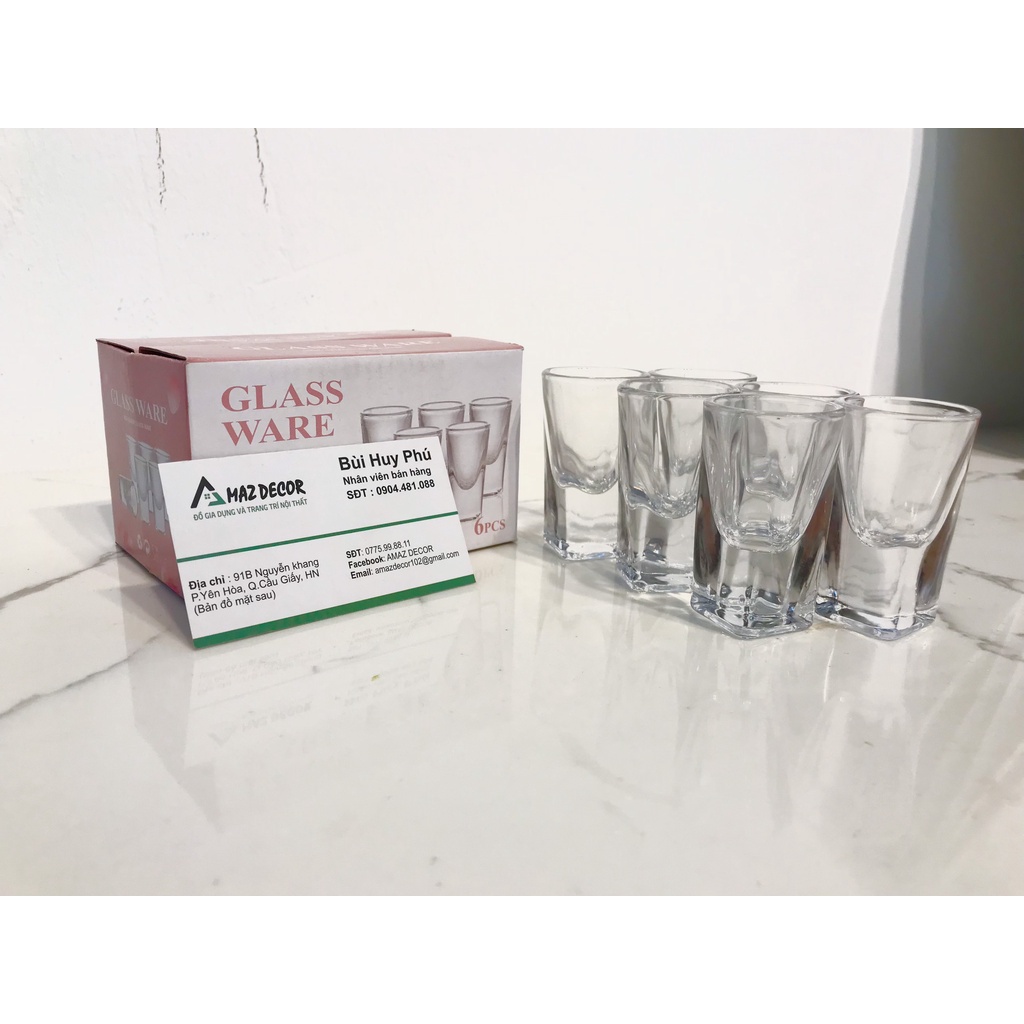GIÁ RẺ Bộ ly uống rượu nhỏ 35ML cao cấp DELI GLASSWARE (bộ 6 cái) đế dày VUÔNG - Cốc uống rươu đẹp siêu trong
