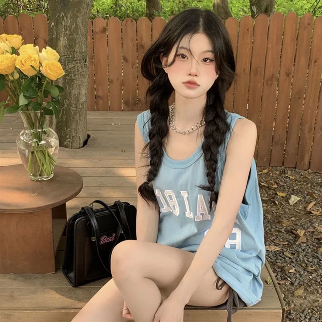 Áo Thun cotton Không Tay Dáng Rộng In Chữ Phong Cách Mỹ Thời Trang Mùa Hè Cho Nữ