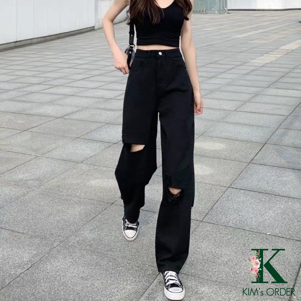 Quần Jeans Dài Ống Rộng Lưng Cao Thời Trang Phong Cách GE20 Rubydiz