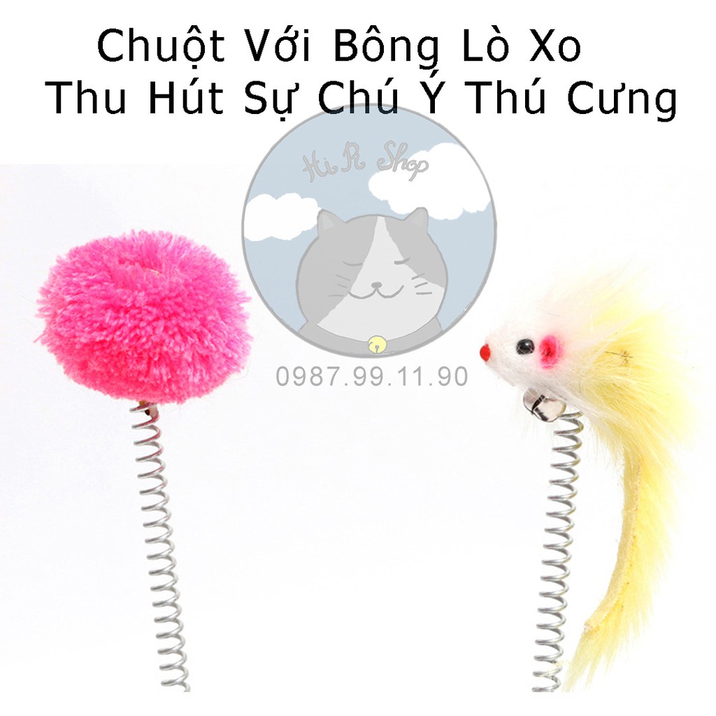 [ Đồ Chơi ] Bàn Lò Xo Cho Mèo Có Bóng Bông Và Chuột Bông Hình Vuông Dành Cho Thú Cưng