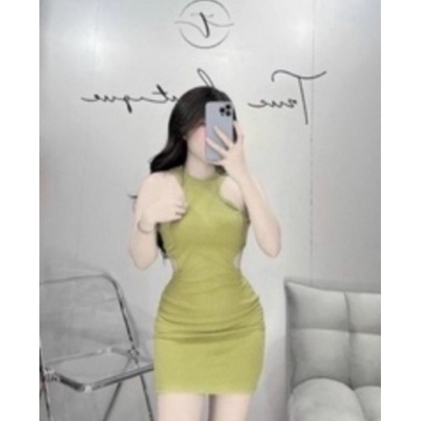 Đầm 3 lỗ ôm body khoét eo chất thun Gân dày dặn hàng y hình