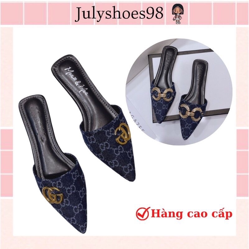 Dép Sục Nữ Giày Sục Bệt Mũi Nhọn Màu Xanh Vải Jean Phối Móc Vàng Sang Chảnh Mã Hàng Đẹp