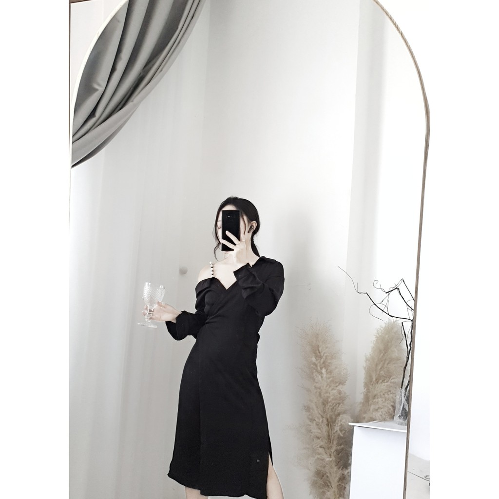 Váy khuy ngọc trễ vai