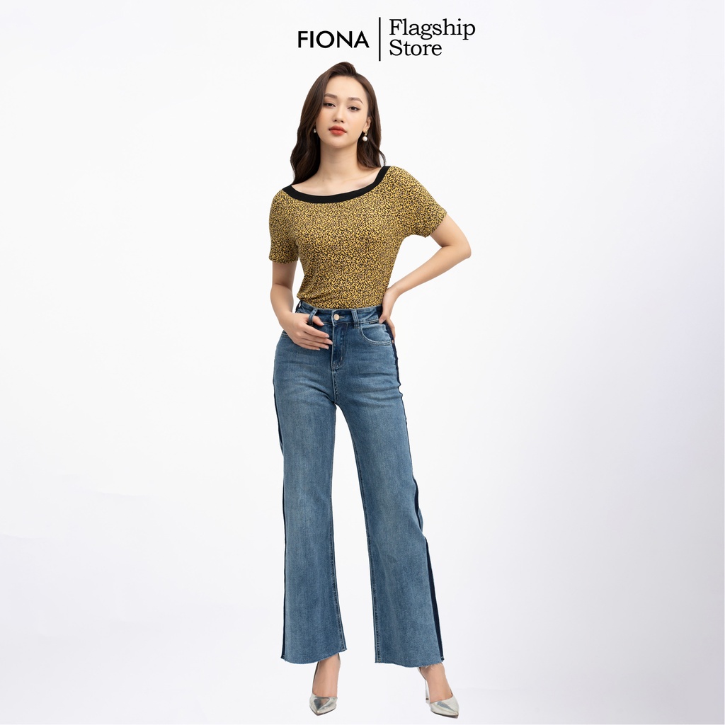 Áo cotton nữ dáng ôm tay ngắn họa tiết hoa báo thun mịn mát nẹp cổ phối màu FIONA F522174
