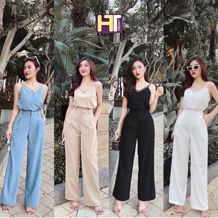 Set Bộ Dài Nữ Vải Đũi Áo 2 Dây Quần Culottes Dài Ống Rộng