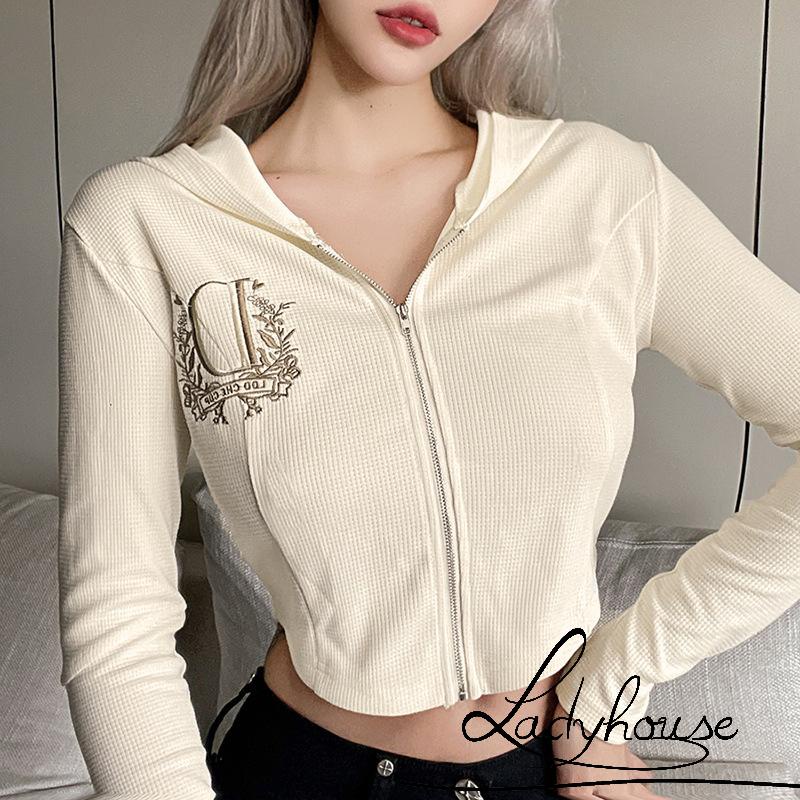 Áo khoác dài tay có khóa kéo thêu họa tiết thời trang cho nữ