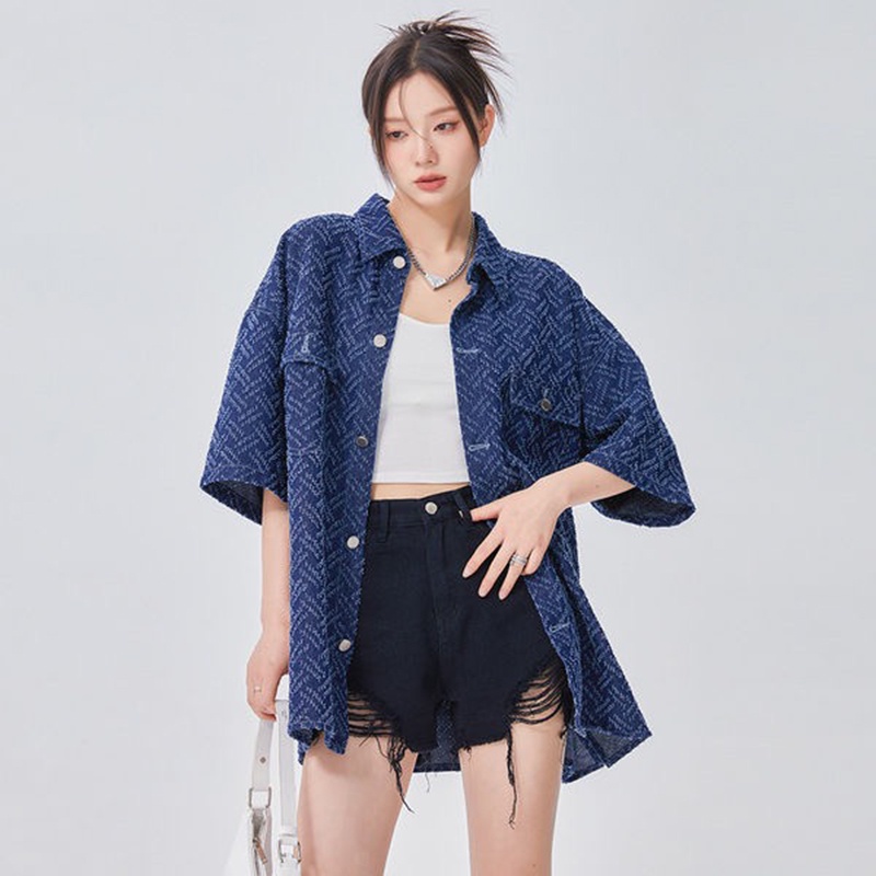 Ethelgirl Áo Sơ Mi denim Mỏng Tay Ngắn Phong Cách retro Thời Trang Dành Cho Nữ