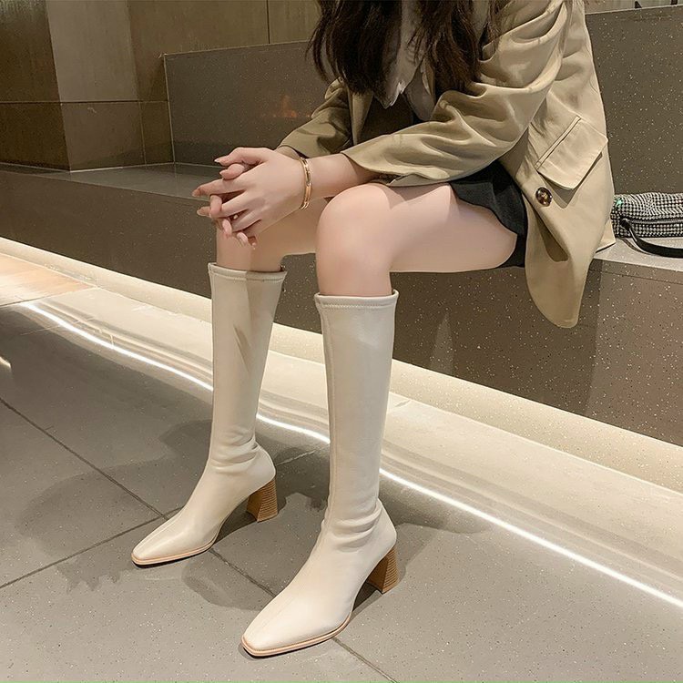 Bốt nữ Magann Boots 7 Phân cao gót đế gỗ đùi da mềm kéo khóa sau cá tính