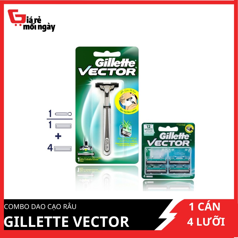 COMBO Dao cạo râu Gillette Vector Cán 1s + Lưỡi 4s siêu tiết kiệm