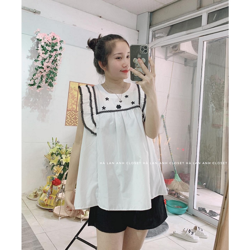 Áo bầu, tay cánh tiên, cổ thêu họa tiết hoa nhí dễ thương, chất thô lụa mềm mát, freesize dưới 68kg