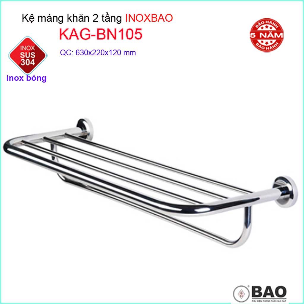 Kệ máng khăn dài Inox Bảo KAG-BN105, thanh treo khăn 2 tầng bồn tắm SUS304 xếp khăn khô phơi khăn tắm