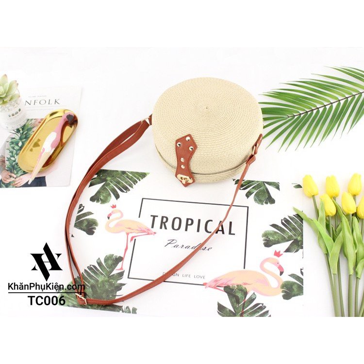 [NowShip - Giao Ngay] Túi Cói Boho Vintage Đeo Vai, Đeo Chéo Hình Tròn Dây Da Màu Nâu Be Trơn