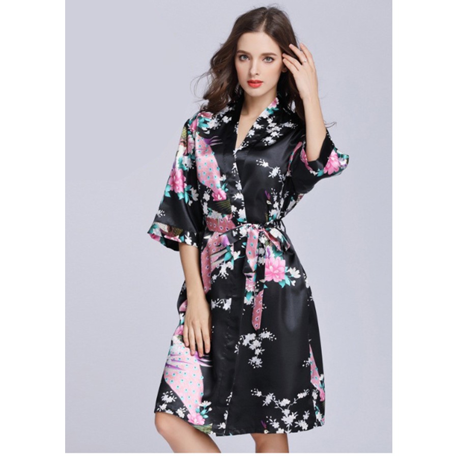 Áo Choàng Lụa Pijama Dài Họa Tiết Khổng Tước Và Hoa | Kiểu Dáng Choàng Kimono..