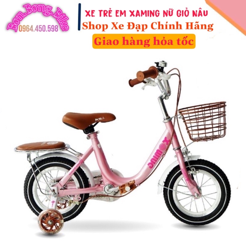 Xe đạp trẻ em Nữ Hồng Xaming 1dóng Giỏ Nâu đủ Size 12-14-16-18-20inch cho Bé từ 2-10 tuổi