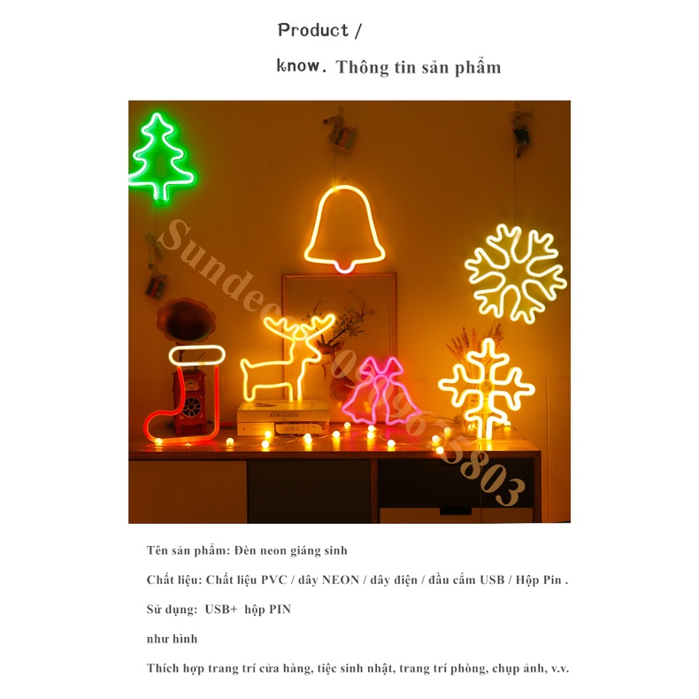 Đèn LED chữ NEON nhiều mẫu NOEL GIÁNG SINH trang trí DECOR phòng ngủ , quán có hộp PIN + USB Sundecor