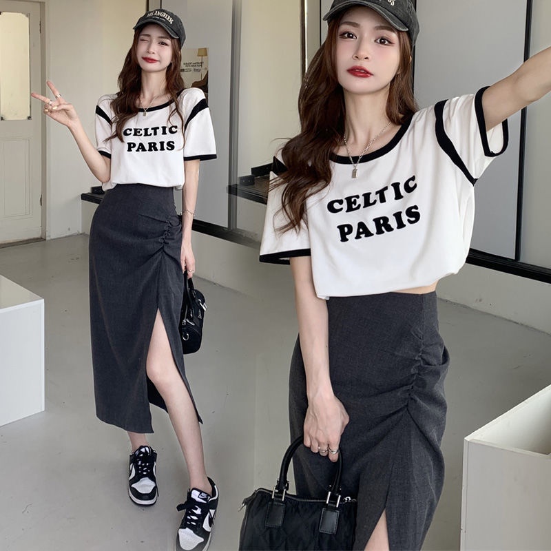 Bộ Áo Thun Ngắn Tay Ghép Màu Phối Chân Váy Dài Trung Bình Thời Trang Mùa Hè Cho Nữ