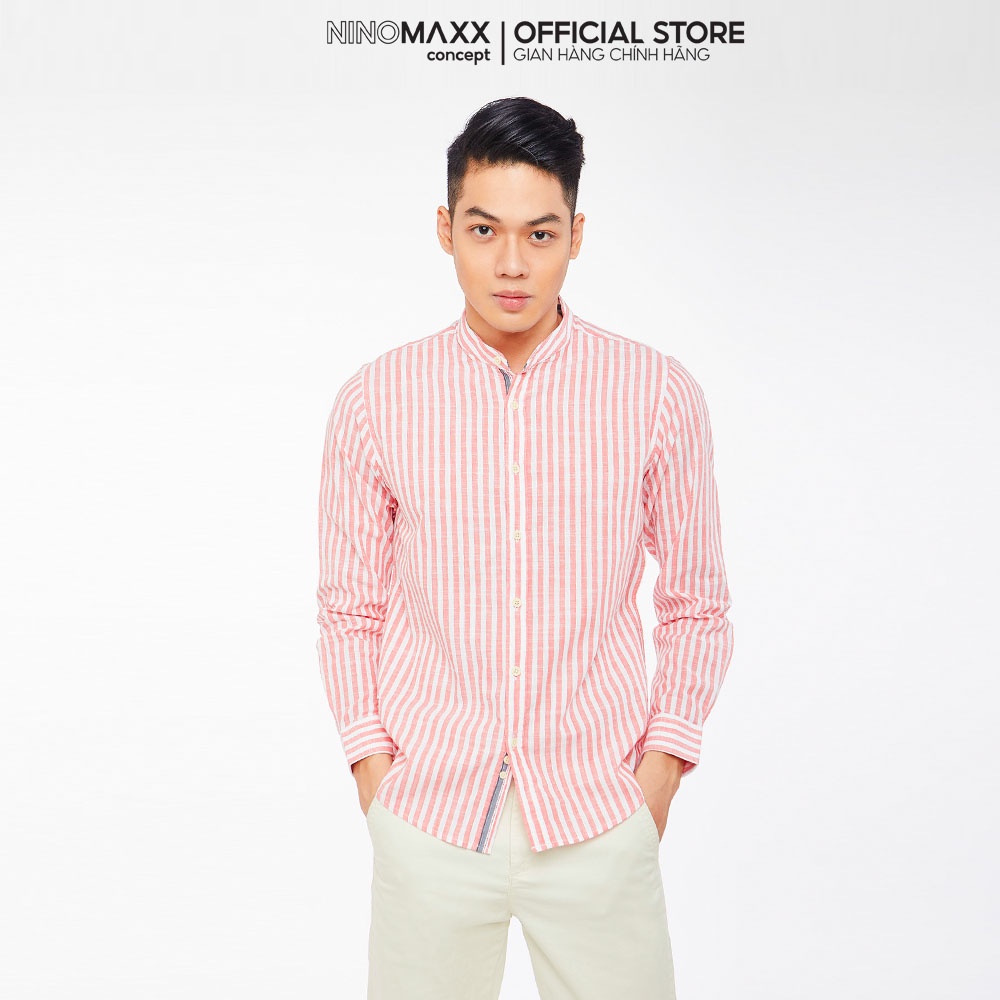 Ninomaxx Áo Sơ Mi Nam tay dài cổ tàu sọc trắng hồng dáng regular fit 100% cotton 1905190