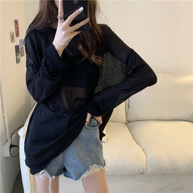 Mesh sunshine shirt top summer new Korean loose lace long sleeve T-shirt female shirt