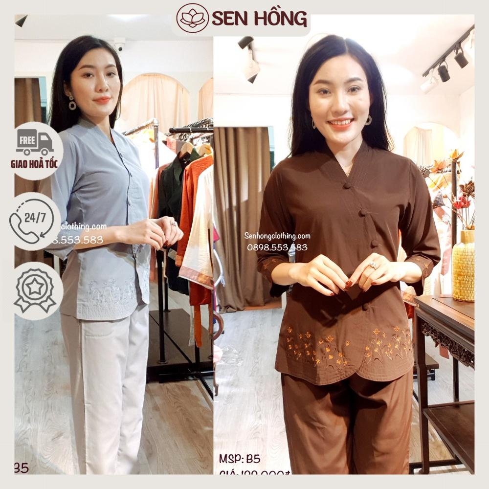 Bộ đi chùa cài chéo # Đồ đi lễ nữ nút bọc thêu hoa cỏ nhẹ nhàng # quần áo Phật tử nữ