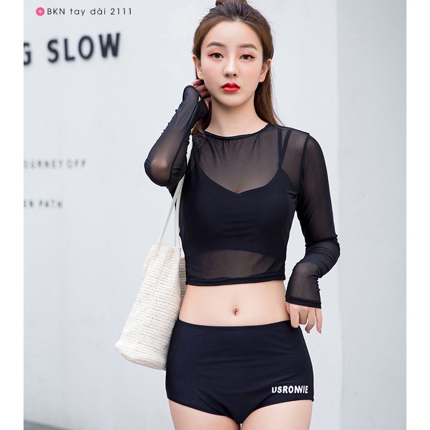 Bikini 3 mảnh dài tay [FREESHIP - SẴN HÀNG] Bộ bơi nữ áo lưới tay dài quần cạp cap sang chảnh