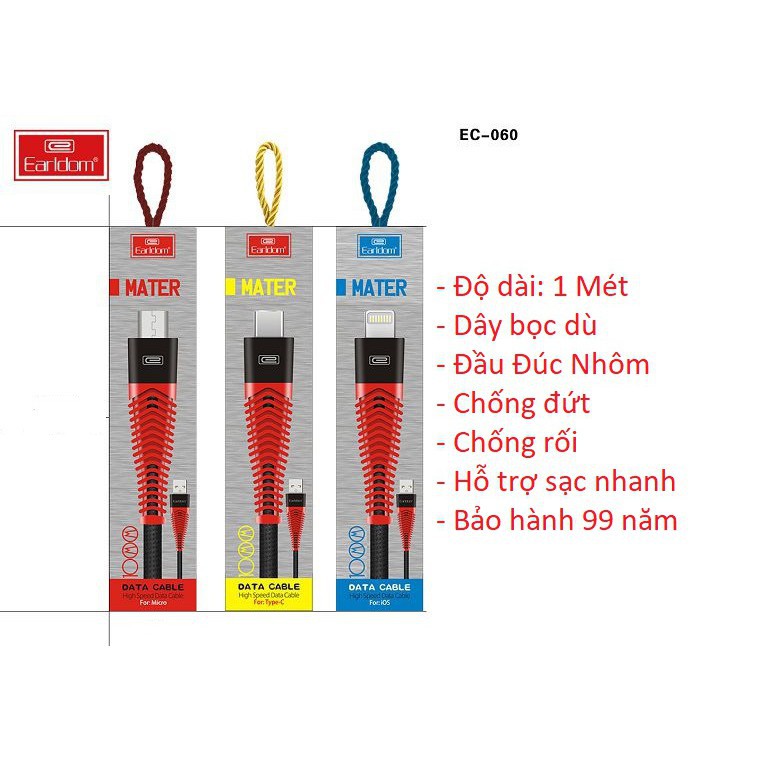 Cáp sạc bọc dù đầu chống gãy gập EARLDOM EC-060 dài 1M chân Iphone/Micro/typeC có hỗ trợ sạc nhanh