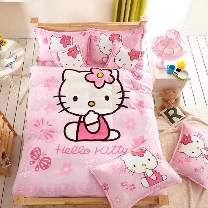 Bộ Chăn Ga Gối Nỉ Nhung 3D Kitty Hồng