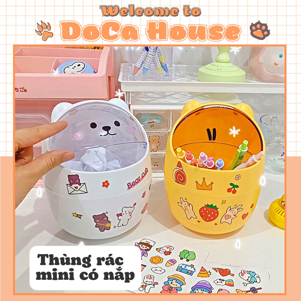 Thùng rác mini DOCA có nắp đậy để bàn hình gấu mèo, sọt rác mini để bàn dễ thương văn phòng phẩm (tặng sticker)