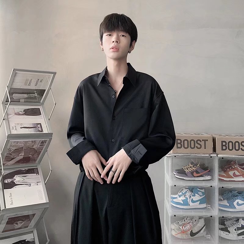 Áo Sơ Mi Trơn Tay Dài Dáng Rộng Thoáng Khí Có Túi Thời Trang Hàn Quốc Cho Nam
