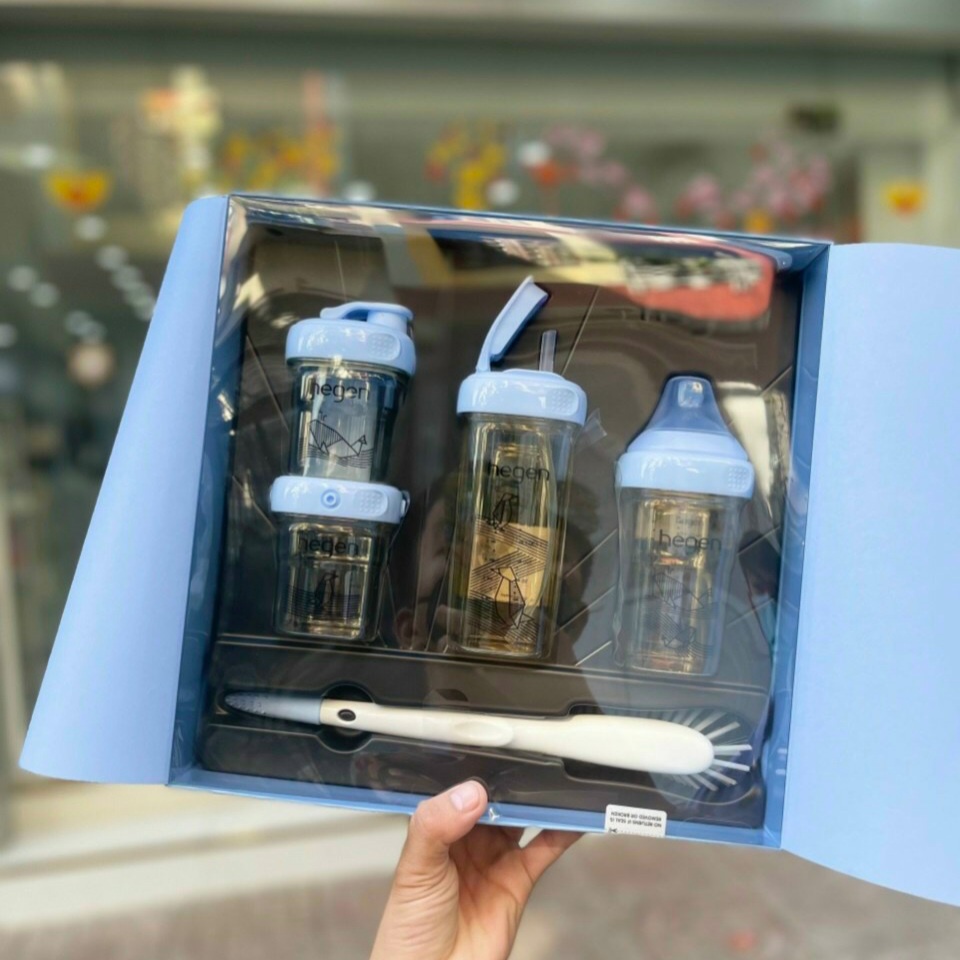 💝Bộ quà tặng bình sữa Hegen PCTO Wonder Blue Collection, bao gồm bình 150ml, 240ml, bình uống nước, bình trữ và cọ rửa
