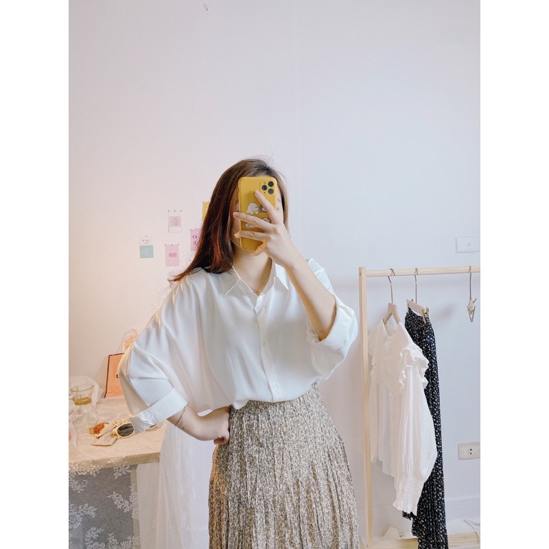 Sơ mi trơn basic không túi chất siêu mát mịn không nhăn vintage tay cánh dơi form rộng suông