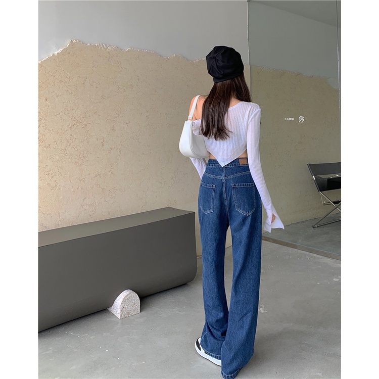 QKOOLE Quần jean  ống đứng lưng cao phong cách cổ điển Hàn Quốc cho nữ