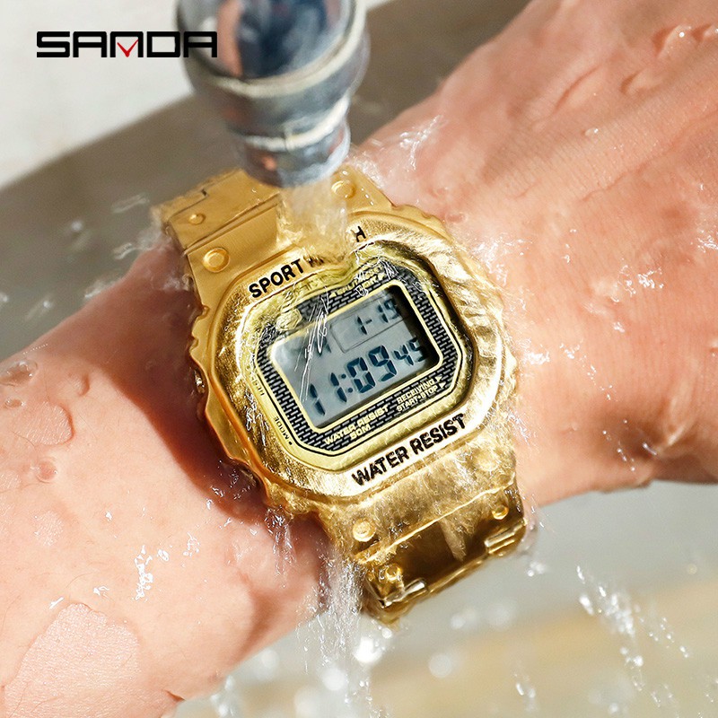 SANDA 390 Luxury Men's Watch Male Digital LED Watch 5ATM Casual Waterproof Wrist Watch Steel Watches