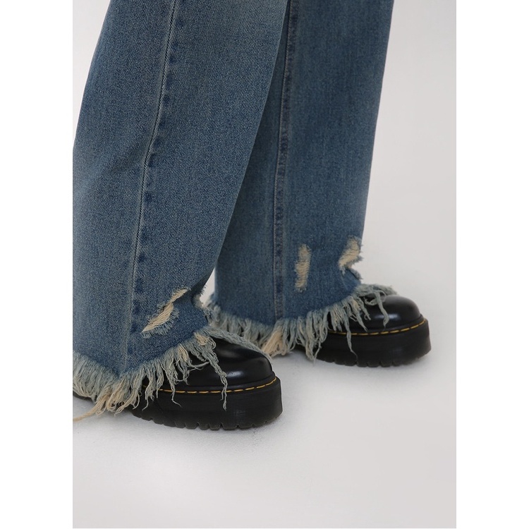 Quần jean nữ ZHELIHANGFEI ống rộng cạp cao thiết kế rách cá tính