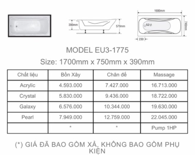 BỒN DÀI 2 YẾM EUROCA  - MODEL EU23- 1775 - BẢO HÀNH 3 NĂM