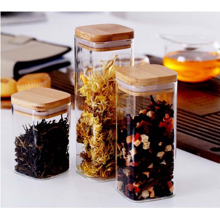 Hũ Thủy Tinh Vuông Nắp Gỗ Tre Kín Hơi Đựng Thực Phẩm, Gia Vị Tiện Dụng - Ceramic Tinh Hoa