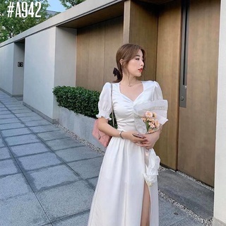 Đầm trắng nhún ngực tay phồng xẻ tà cột nơ eo