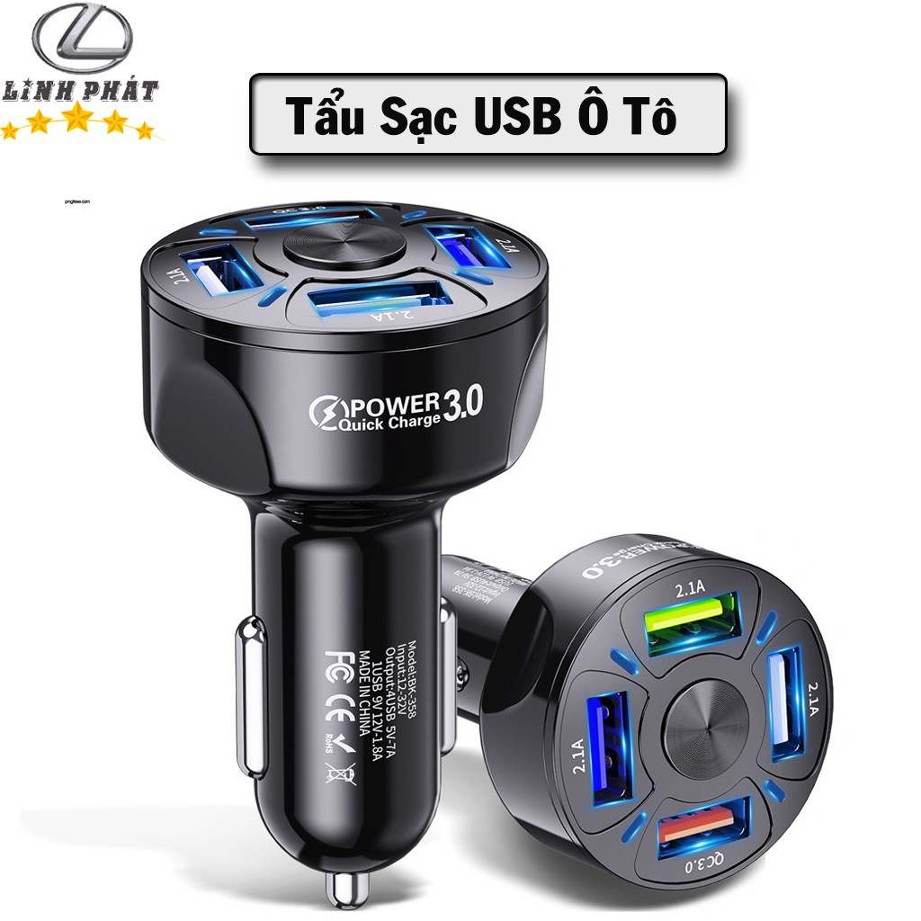 Tẩu Sạc USB Trên Ô Tô - Chia 4 Cổng USB,Có 1 Cổng Quick Sạc Nhanh 3.0 Tiện Lợi - Ver 2