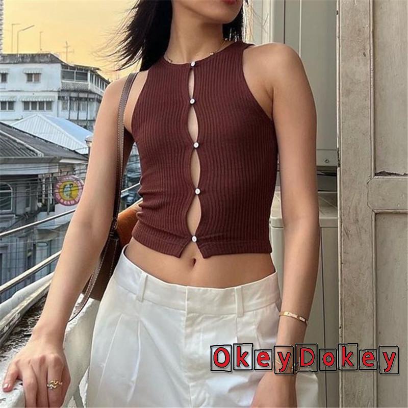 Áo Croptop Dệt Kim Không Tay Khoét Lỗ Ôm Dáng Thời Trang Mùa Hè Cho Nữ