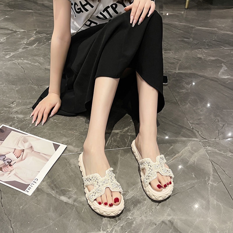 Dép bánh mì đế cao Dép đế xuồng Dép Sandal Đế Mềm Đính Ngọc Trai Thời Trang Mùa Hè 2022 Cho Nữ