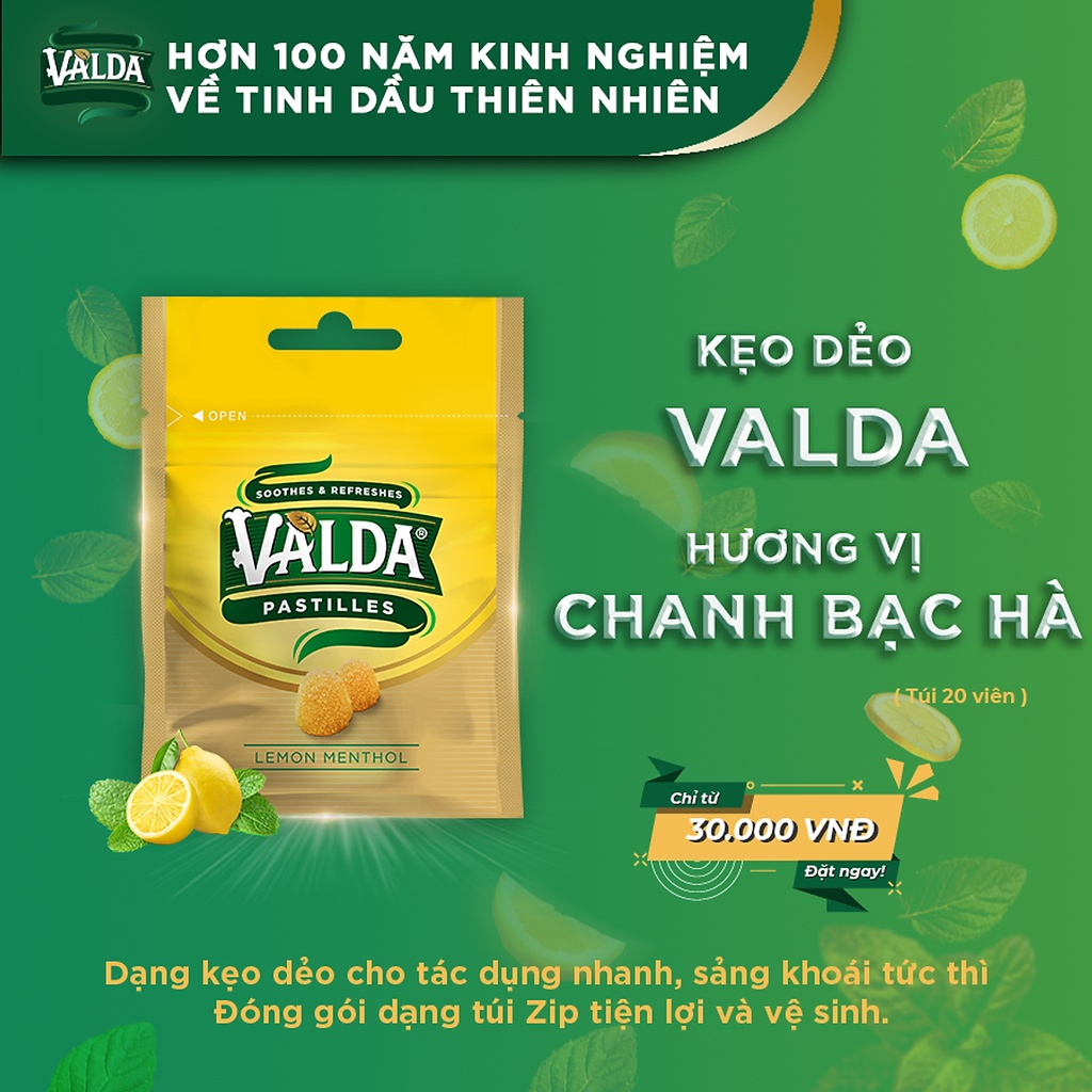 Kẹo dẻo / kẹo ngậm VALDA Pastilles menthol thông mũi, thơm miệng, mát họng 20g