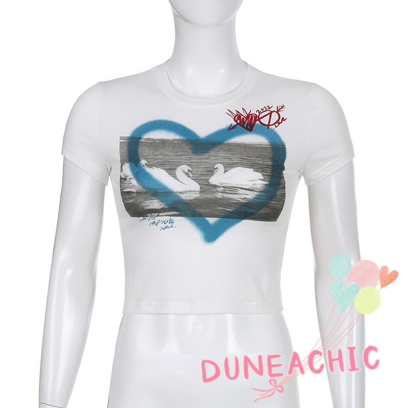 Áo Thun Ngắn Tay Cổ Tròn In Hình Thiên Nga Tương Phản Cá Tính Cho Nữ