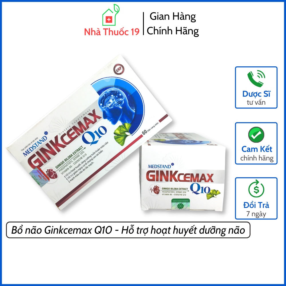 Hoạt Huyết GINKCEMAX Q10 Medstand – Hỗ trợ hoạt huyết, tăng cường tuần hoàn máu não, giảm đau đầu (Hộp 60 viên)