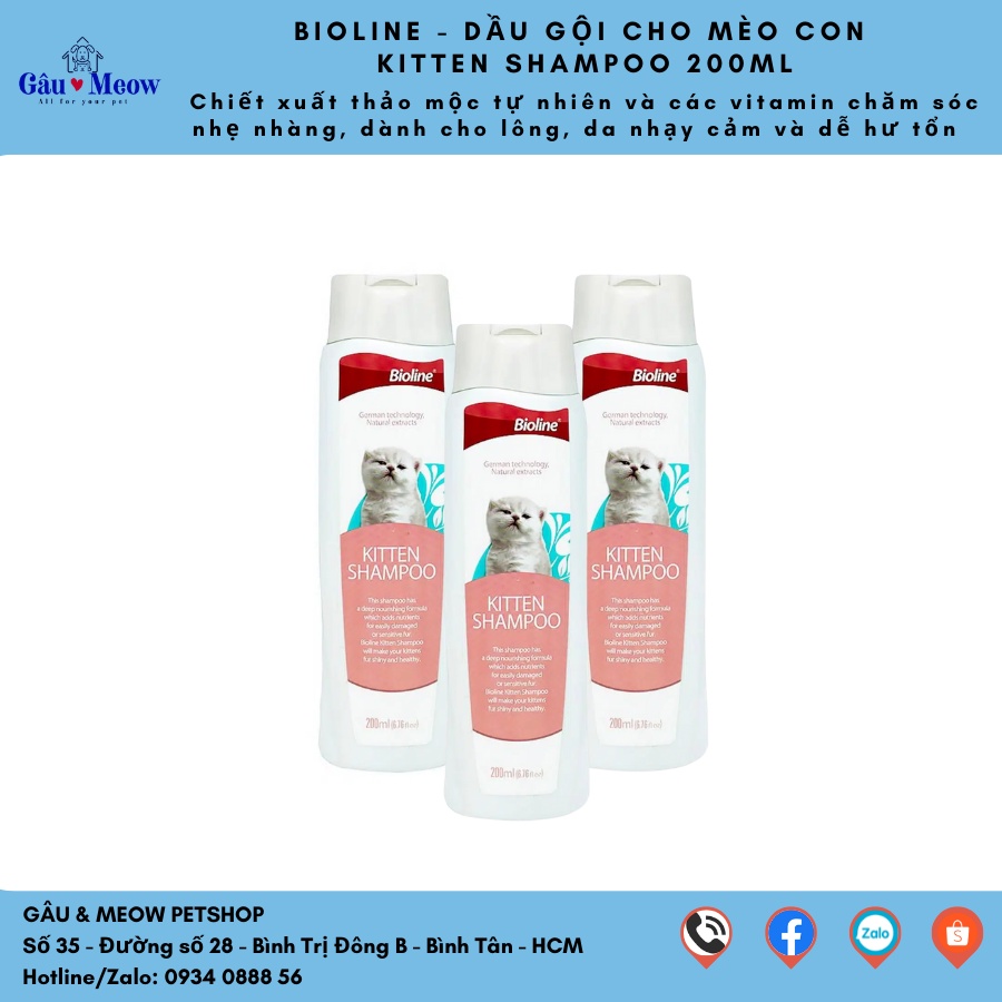 Sữa tắm gội cho mèo con mèo có da nhạy cảm Bioline kitten 200ml chăm sóc lông da khoẻ bóng