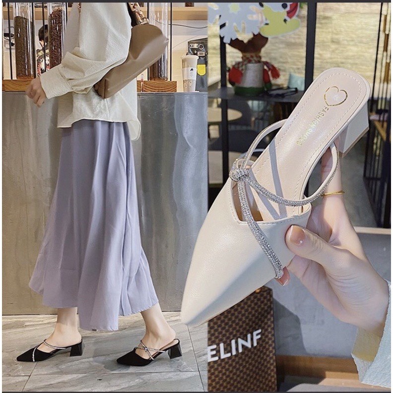 Giày cao gót 5p, sục nữ mũi nhọn phối dây đính hạt xoàn siêu xinh