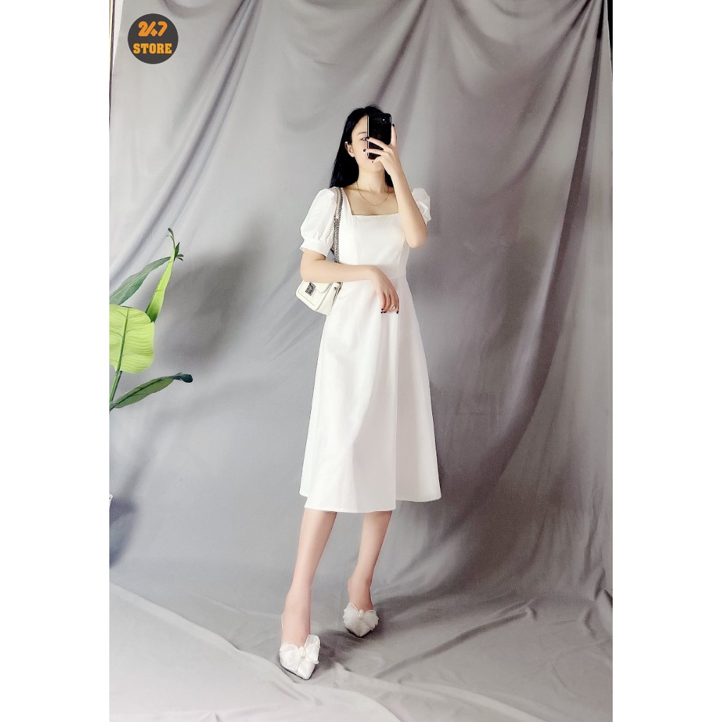 Váy Cổ Vuông Dáng Xòe Tay Bồng Cộc Tay 2 màu cực xinh 247store | BigBuy360 - bigbuy360.vn