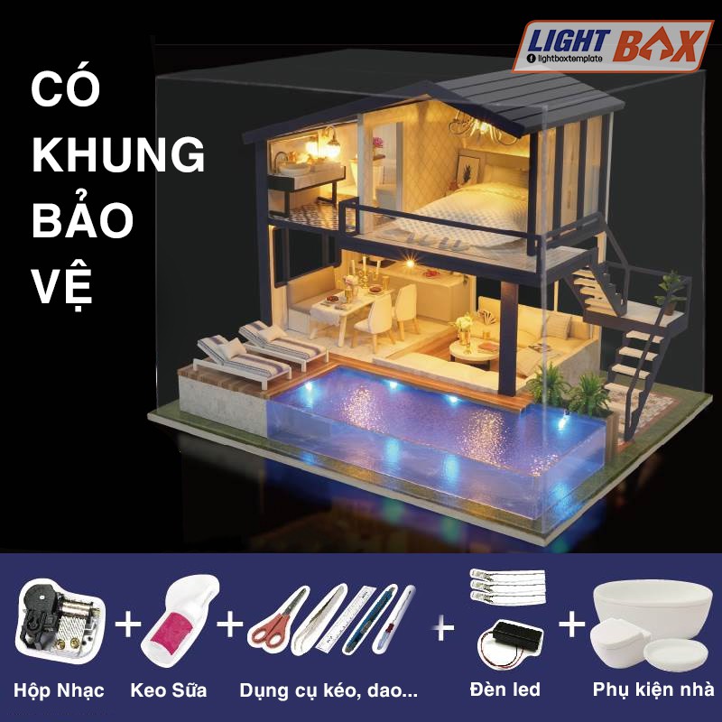 Nhà búp bê Tự làm bằng gỗ [Nhà có nội thất &amp; đèn LED &amp; Âm nhạc] Tặng dụng cụ và 2 bình keo