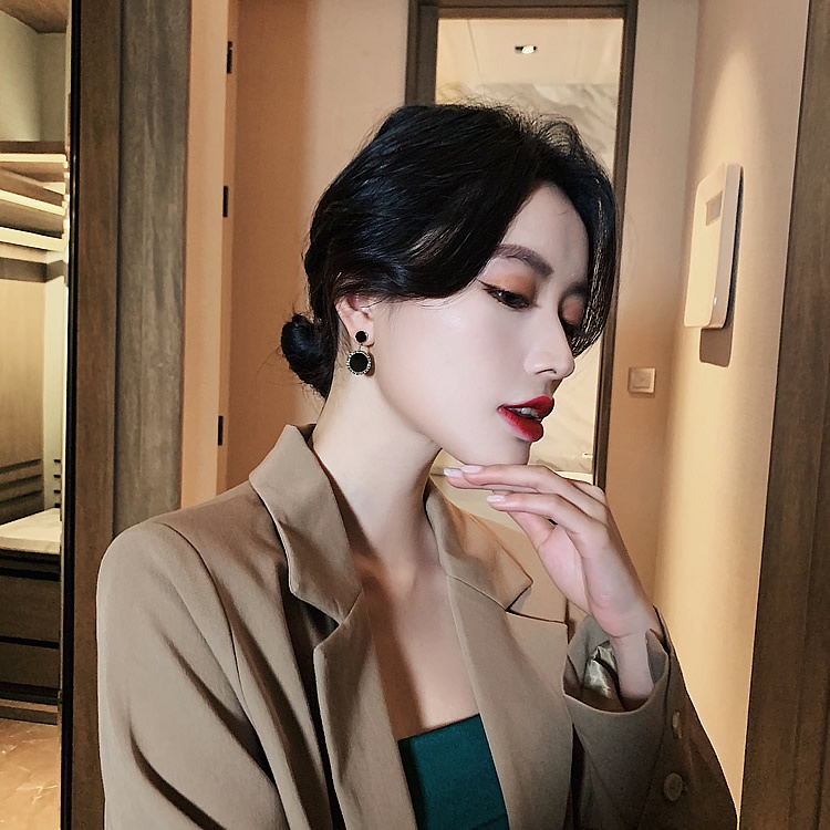 Bông Tai Bạc S925 Hình Giọt Nước Đính Đá Zircon Màu Đen / Khuyên tai