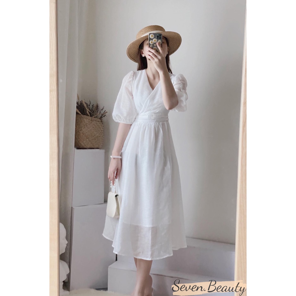 Váy nữ, đầm cổ V li eo 7.Beautiful chất tơ mềm, phong cách trẻ trung nữ tính hai màu cực xinh V106