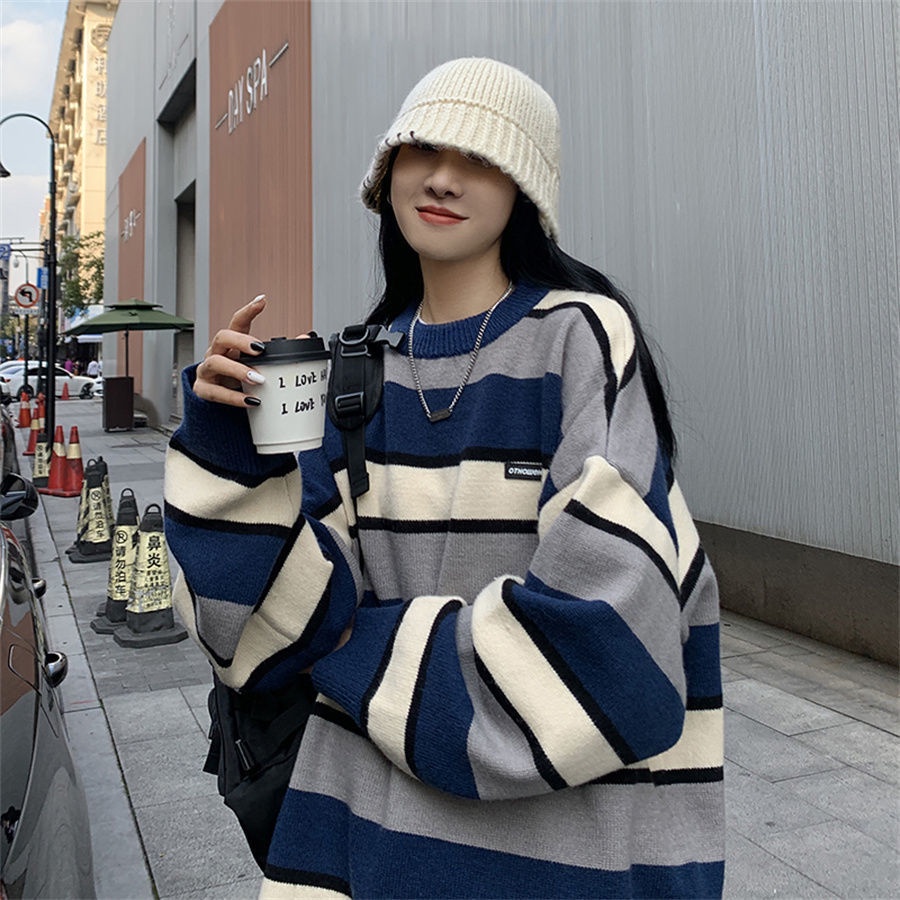 Áo Sweater Dáng Rộng Họa Tiết Kẻ Sọc Màu Sắc Đơn Giản Thời Trang Mùa Đông Cho Cặp Đôi